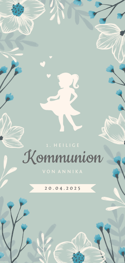 Kommunionskarten - Einladung zu Kommunion hellblau Blumenrahmen Scherenschnitt