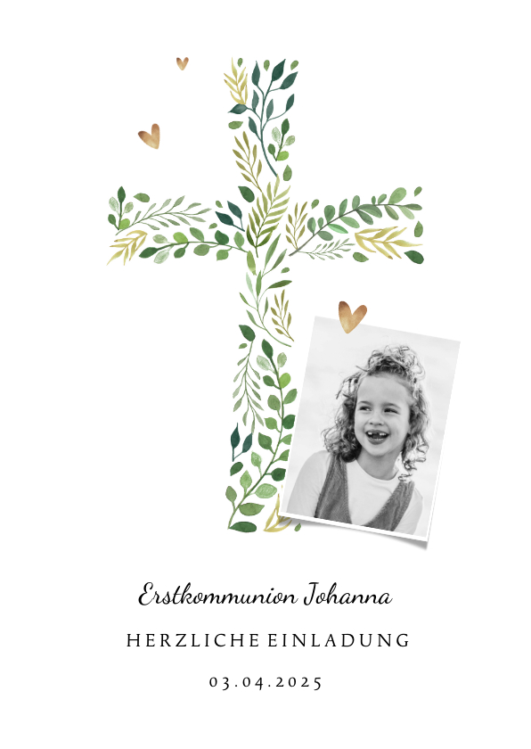 Kommunionskarten - Einladung zur Kommunion Foto und Kreuz botanisch
