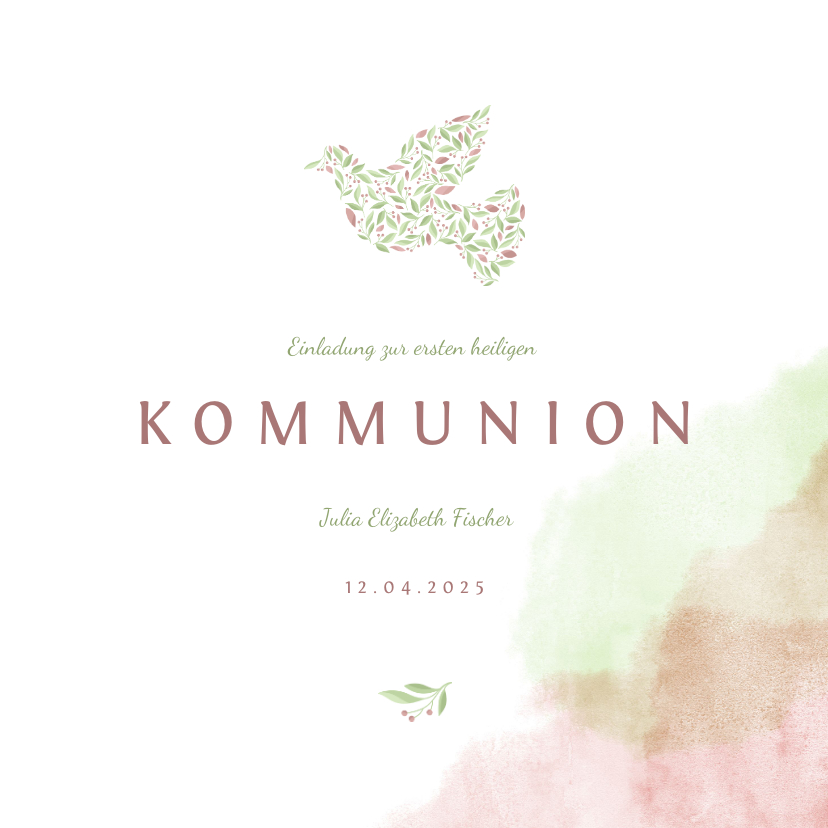 Kommunionskarten - Einladung zur Kommunion mit Taube & Wasserfarbe