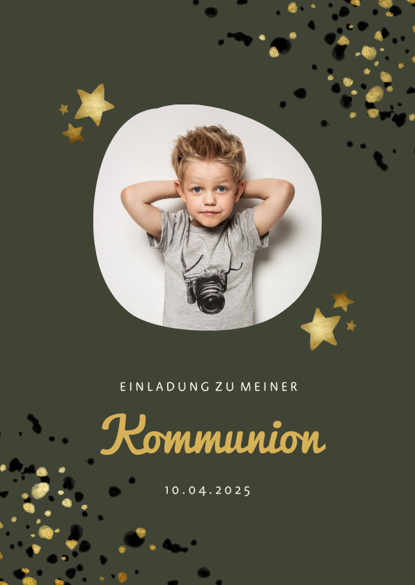 Kommunionskarten - Einladung zur Kommunion olivgrün mit Foto und Sternen
