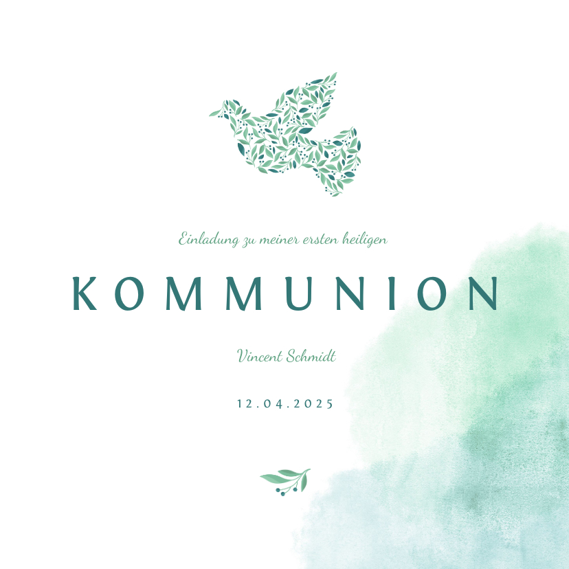Kommunionskarten - Einladung zur Kommunion Taube botanisch Wasserfarbe