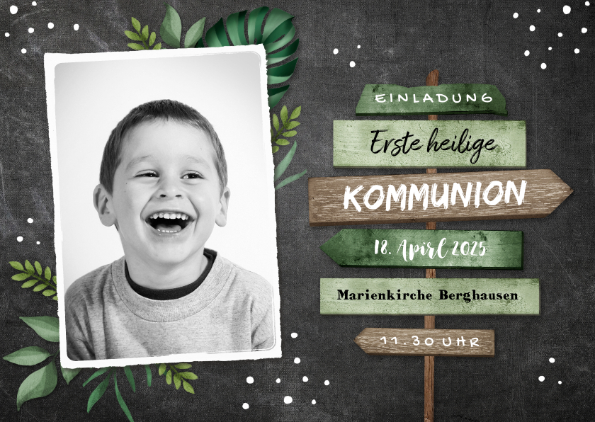Kommunionskarten - Einladung zur Kommunion Wegweiser & Foto Kreidetafel