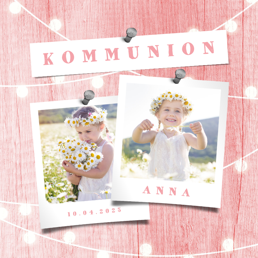 Kommunionskarten - Einladungskarte zur Kommunion Fotos rosa Holz