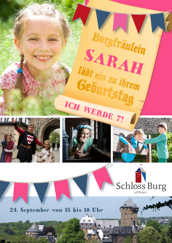 Kooperationen - Kindergeburtstag Einladung Schloss Burg Wupper blau-rosa