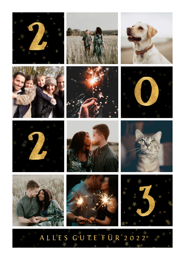 Neujahrskarten - Neujahrskarte mit kleinen Fächern, Fotos und goldener 2022