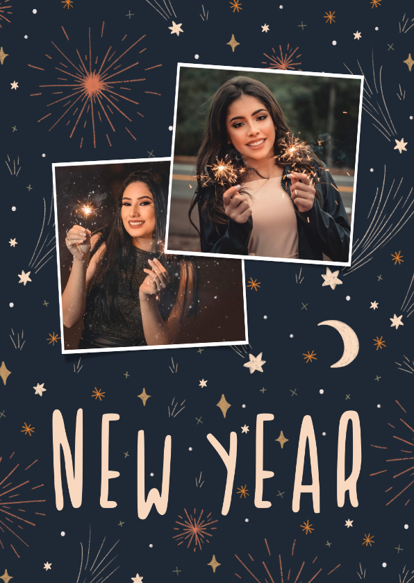 Neujahrskarten - Neujahrskarte mit Mond, Sternen, Feuerwerk & Fotos