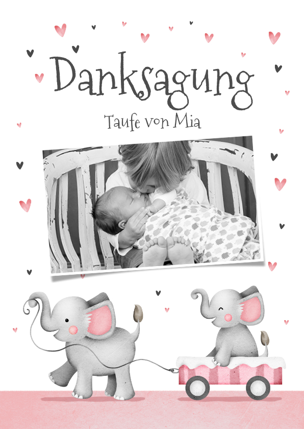 Taufkarten - Dankeskarte Taufe kleine Schwester Elefanten und Herzen