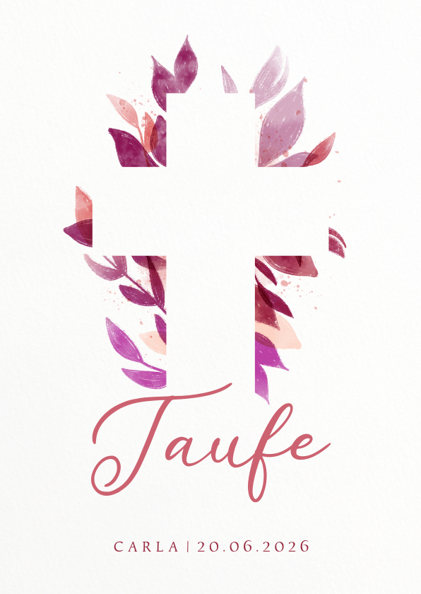 Taufkarten - Einladung zur Taufe florales Kreuz pink