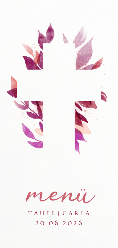 Taufkarten - Menükarte Taufe florales Kreuz pink