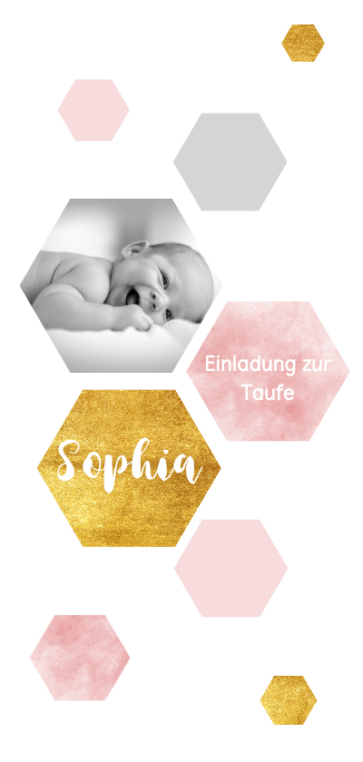 Taufkarten - Moderne Einladung zur Taufe rosa Sechsecke und Foto