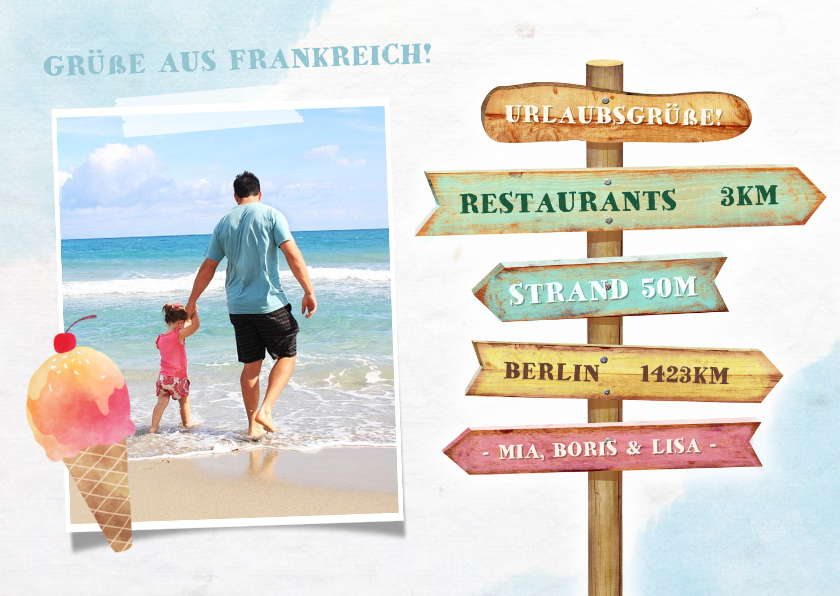 Urlaubskarten - Grußkarte Urlaub mit Foto, Wegweiser und Eis im Aquarelllook