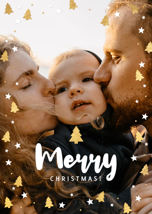 Weihnachtskarten - Foto-Weihnachtskarte mit Rahmen aus Sternen und Tannenbäumen