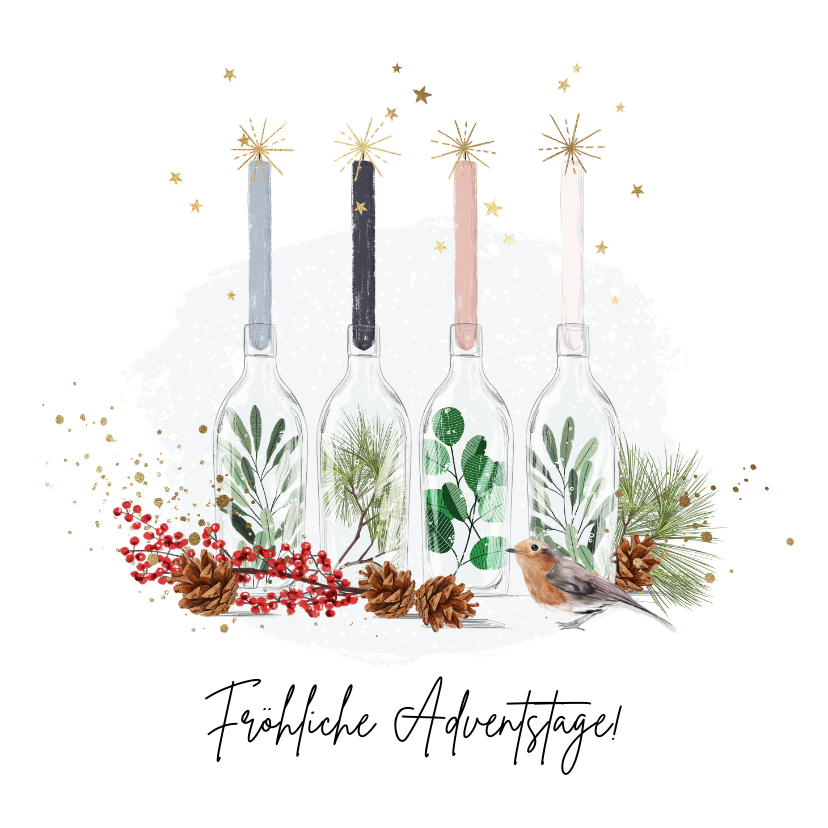 Weihnachtskarten - Karte zur Adventszeit vier Kerzen in Flaschen