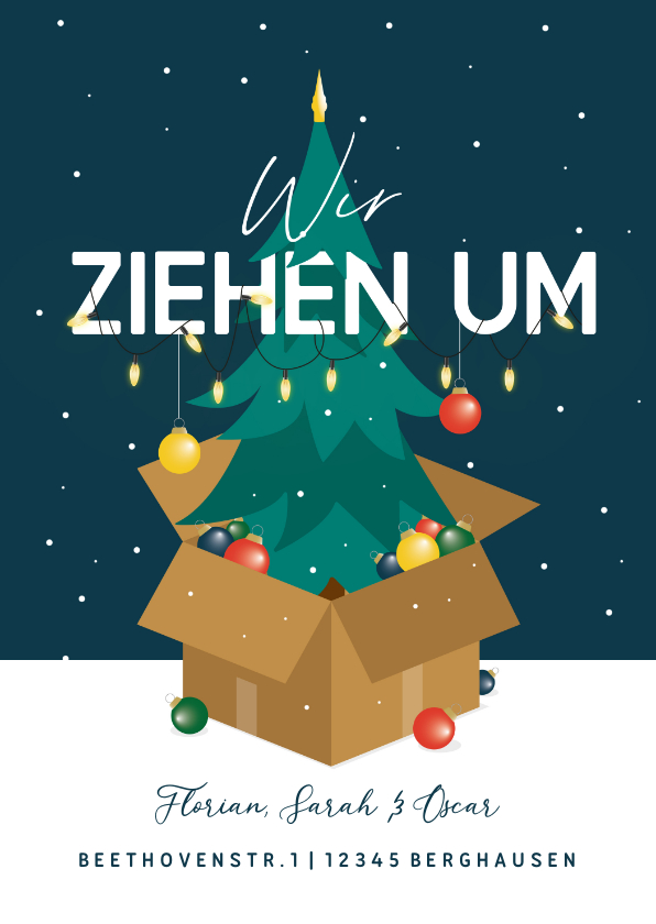 Weihnachtskarten - Umzugskarte Weihnachsbaum & Karton