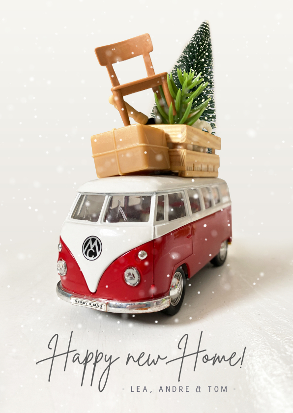 Weihnachtskarten - Vintage Umzugs-Weihnachtskarte mit VW Bus und Möbeln