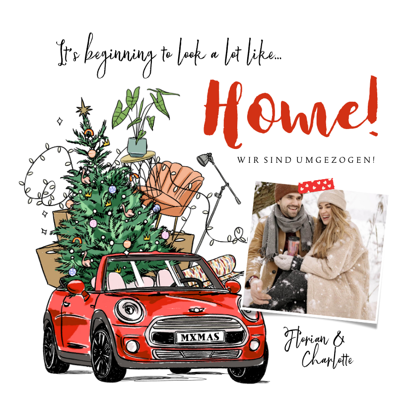 Weihnachtskarten - Weihnachts-Umzugskarte Auto mit Hausrat