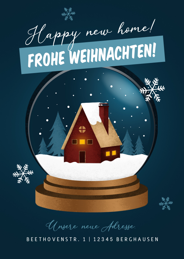 Weihnachtskarten - Weihnachts-Umzugskarte Schneekugel mit Haus