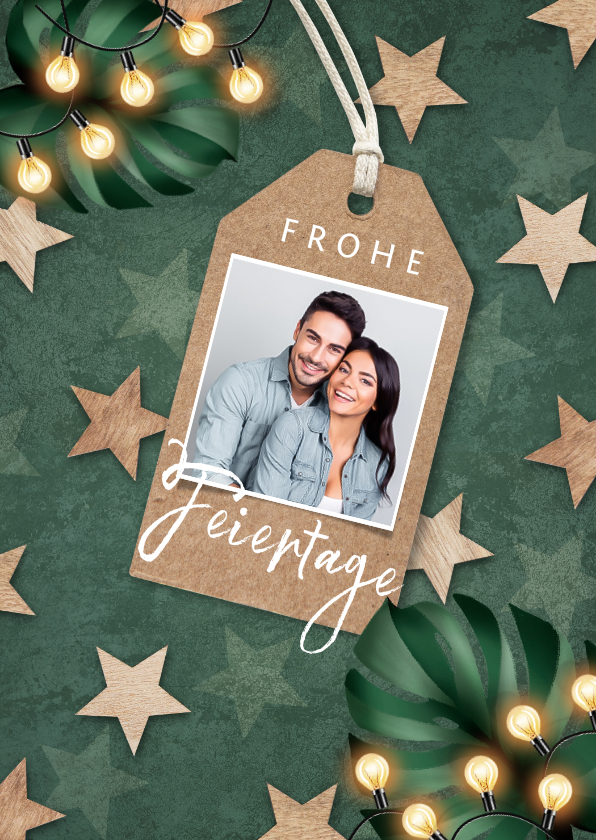 Weihnachtskarten - Weihnachtskarte dunkelgrün mit Holzsternen und Foto