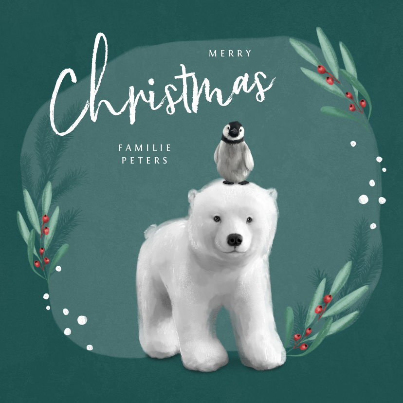 Weihnachtskarten - Weihnachtskarte Eisbär mit Pinguin auf dem Kopf