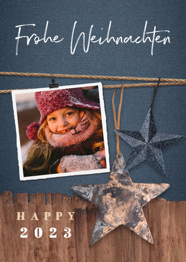 Weihnachtskarten - Weihnachtskarte Holzlook robust mit Foto und Sternen