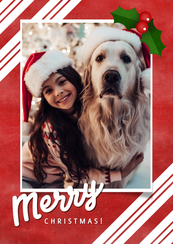 Weihnachtskarten - Weihnachtskarte merry christmas rot mit Stechpalme & Foto