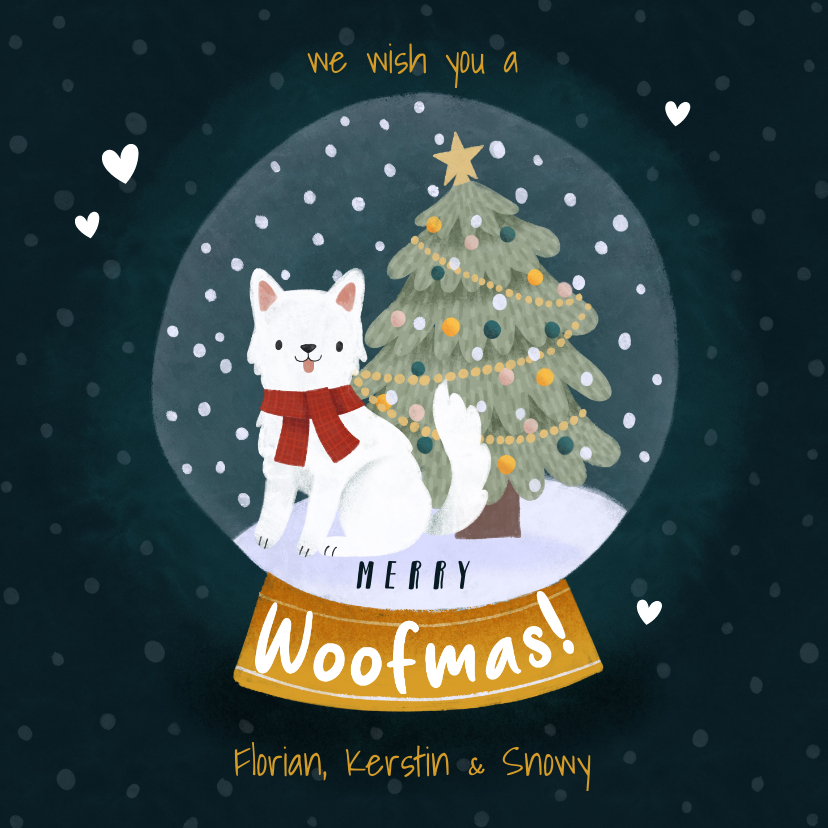Weihnachtskarten - Weihnachtskarte 'Merry Woofmas' Hund in Schneekugel