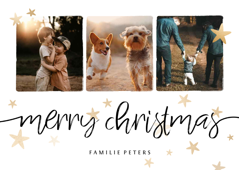 Weihnachtskarten - Weihnachtskarte mit drei Fotos, Sternen und merry christmas