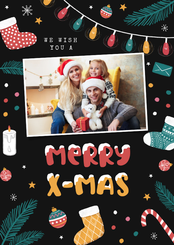 Weihnachtskarten - Weihnachtskarte mit Foto und fröhlichen Symbolen