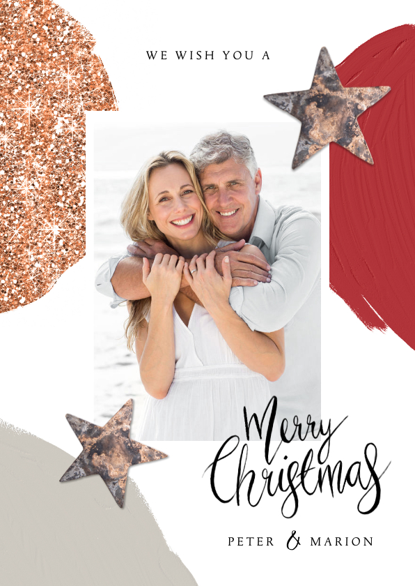 Weihnachtskarten - Weihnachtskarte mit Glitzer, Sternen, Foto und Farbe