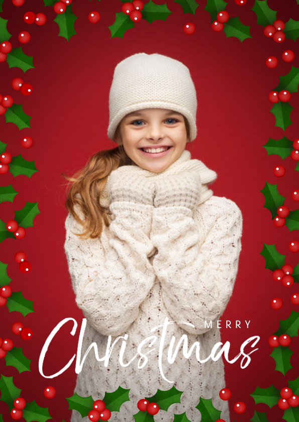 Weihnachtskarten - Weihnachtskarte mit großem Foto und Stechpalme als Rahmen