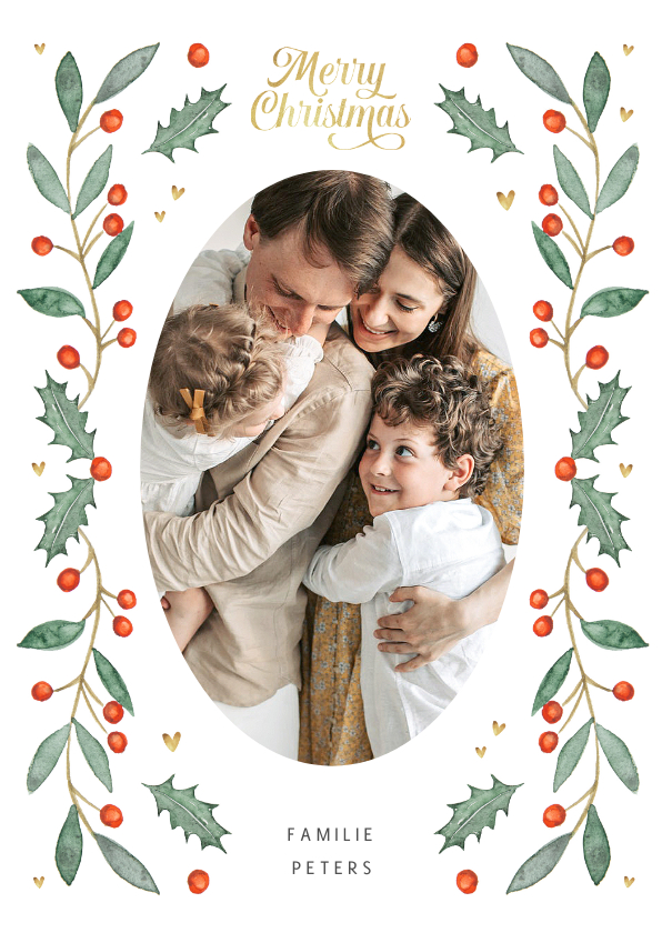 Weihnachtskarten - Weihnachtskarte mit ovalem Foto, Stechpalme und Herzen