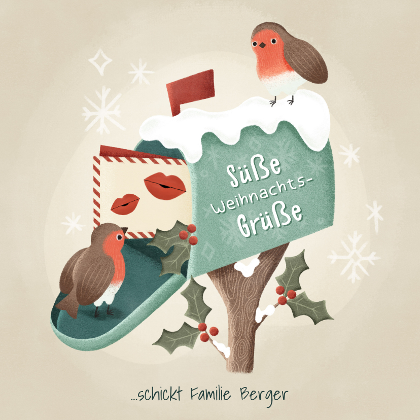 Weihnachtskarten - Weihnachtskarte süße Vögelchen mit Briefkasten