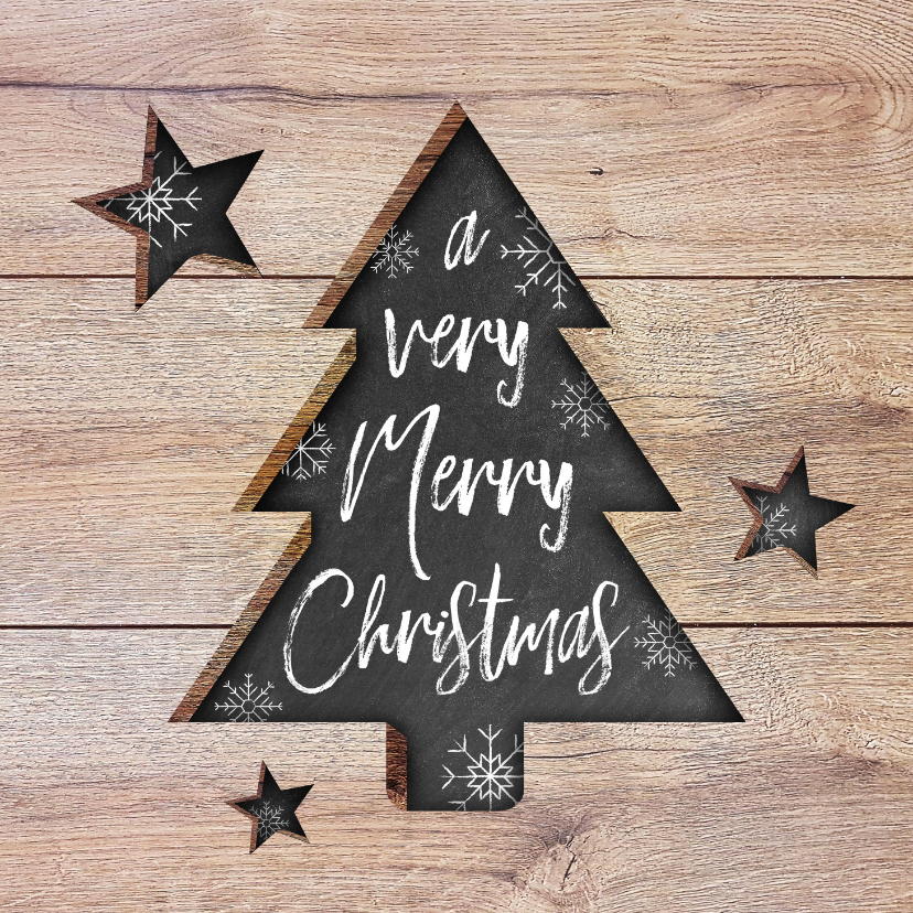 Weihnachtskarten - Weihnachtskarte Tannenbaum und Sterne in Holz 