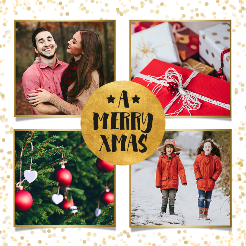 Weihnachtskarten - Weihnachtskarte weiß vier Fotos und Goldkonfetti